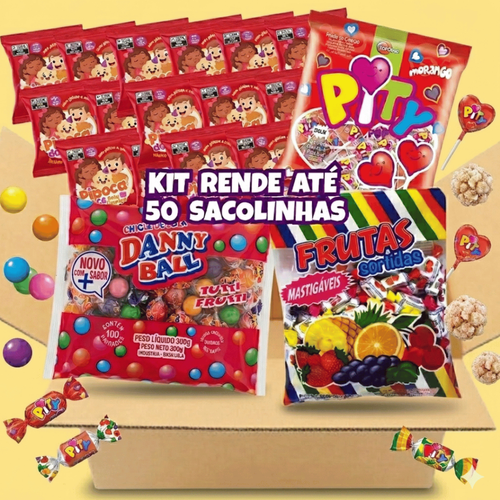 Kit Sacolinha Surpresa Aniversário Infantil Rende Até 50un Pipoca Bala Pirulito Chiclete Lembrancinha Festa