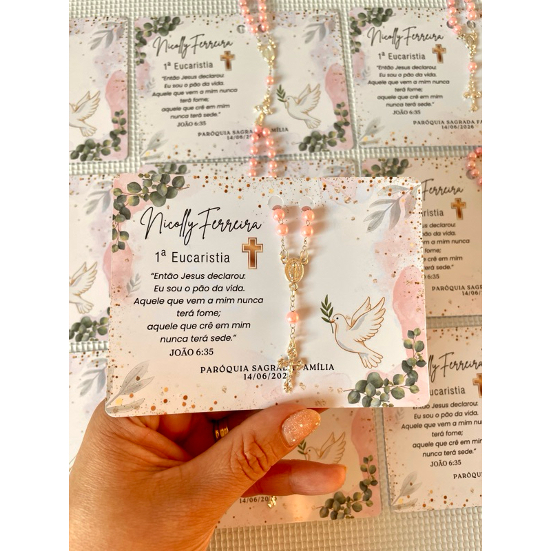 Lembrancinha Batizado, Crisma e Eucaristia – Cartao Personalizado com Mini terço (Kit 10, 15 ou 20 Unidades)