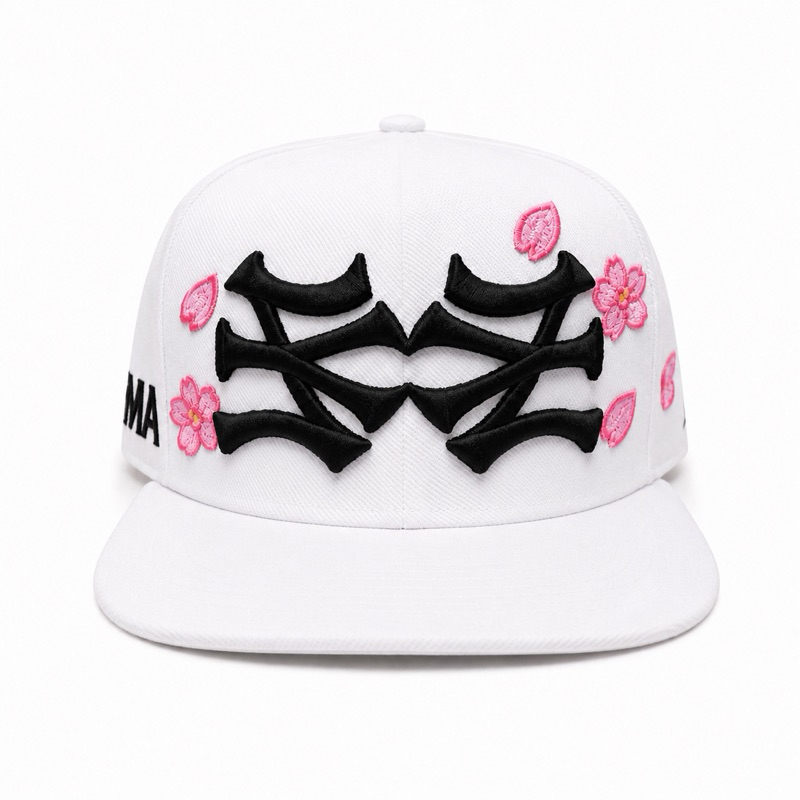 Boné Snapback Branco Floral Sakura Bordado 3D Unissex Aba Reta Premium Ajustável