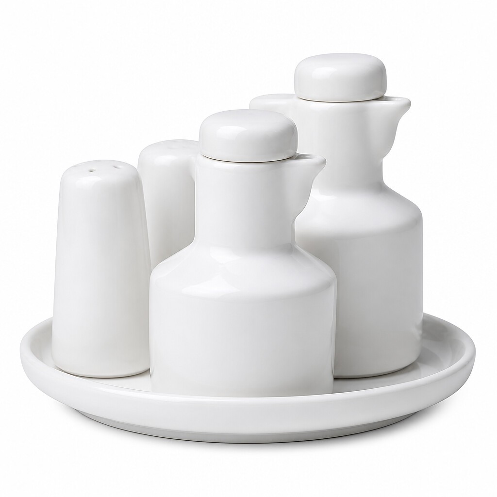 Kit Galheteiro 5 peças Azeite, Vinagre, Sal e Paliteiro ,Porcelana Branca,vai ao forno e micro ondas