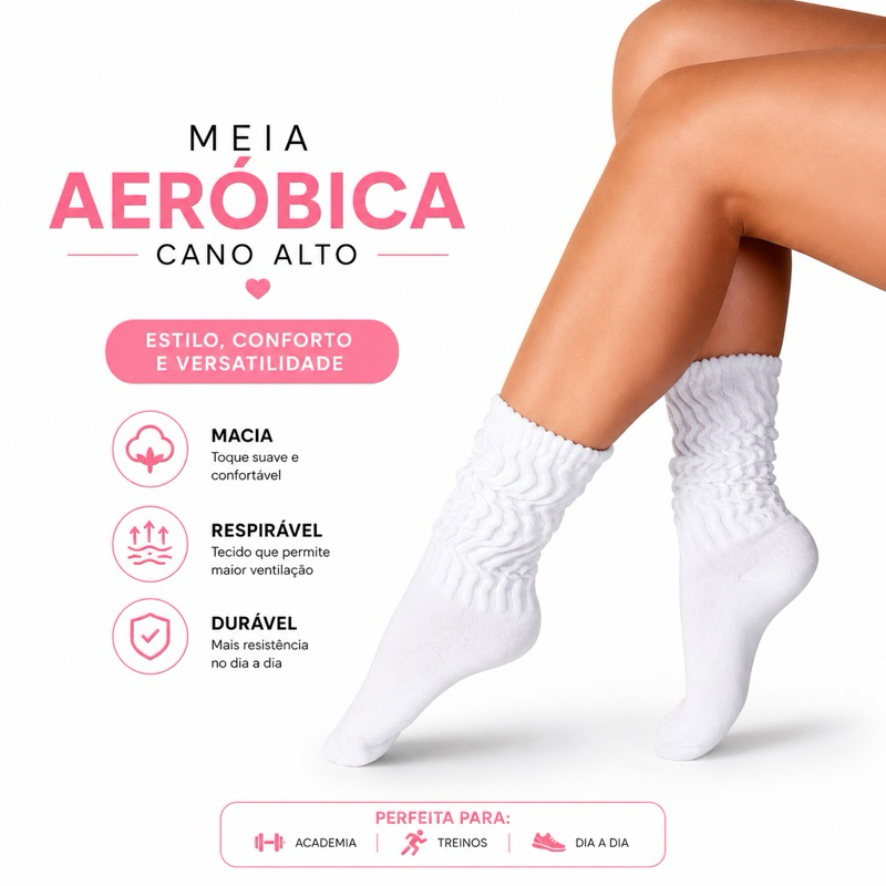 Meias Aeróbicas Feminina Com 1 a 6 Pares Cano Alto
