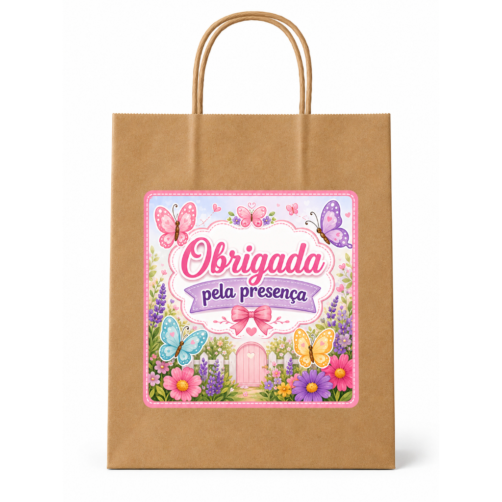 Adesivo Personalizado para Sacolinha Jardim das Borboletas {10x10} |  Lembrancinha Infantil | Sacolinha Kraft |
