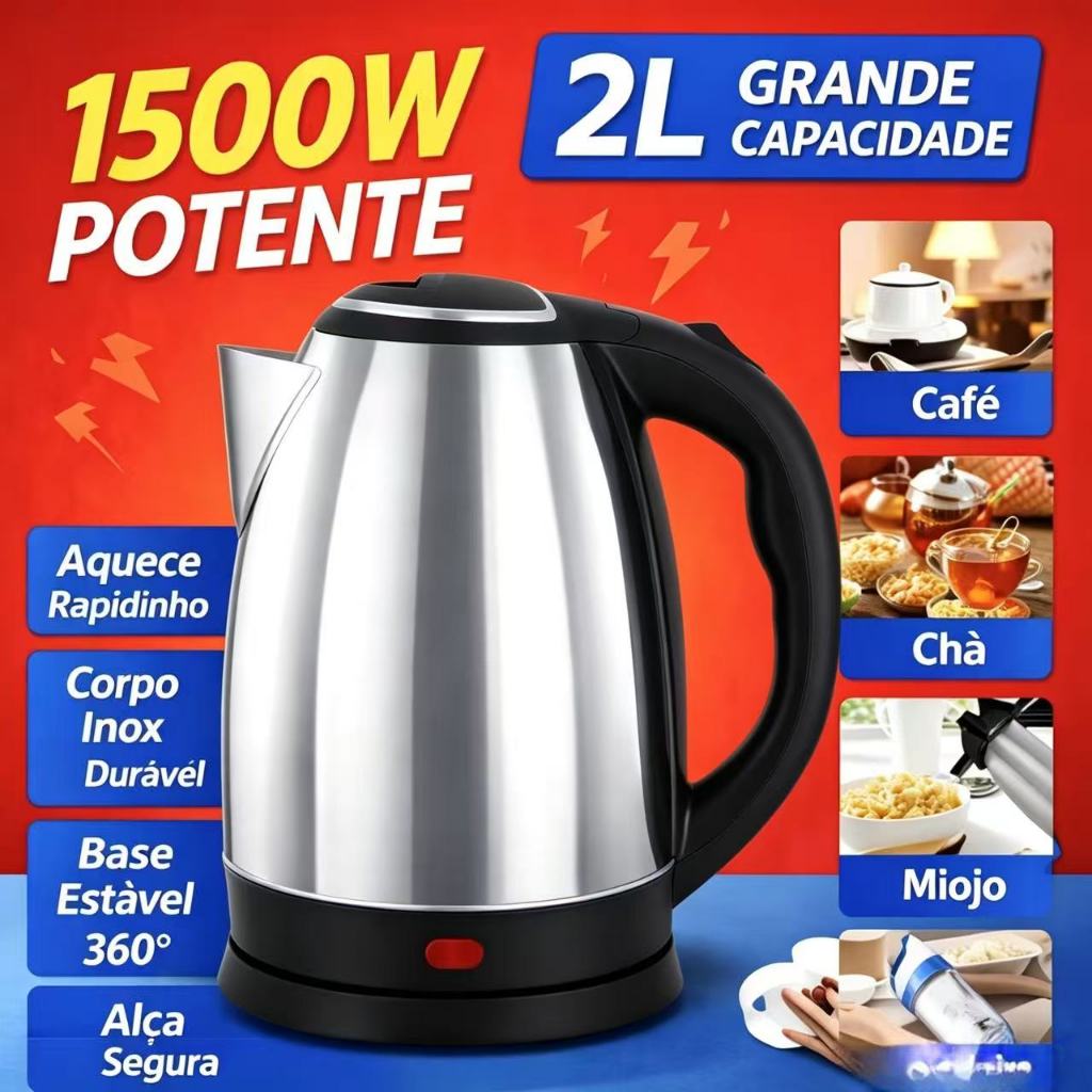 Chaleira Elétrica Inox 2L 1500W para Café Chá e Leite Potente e Segura 110V