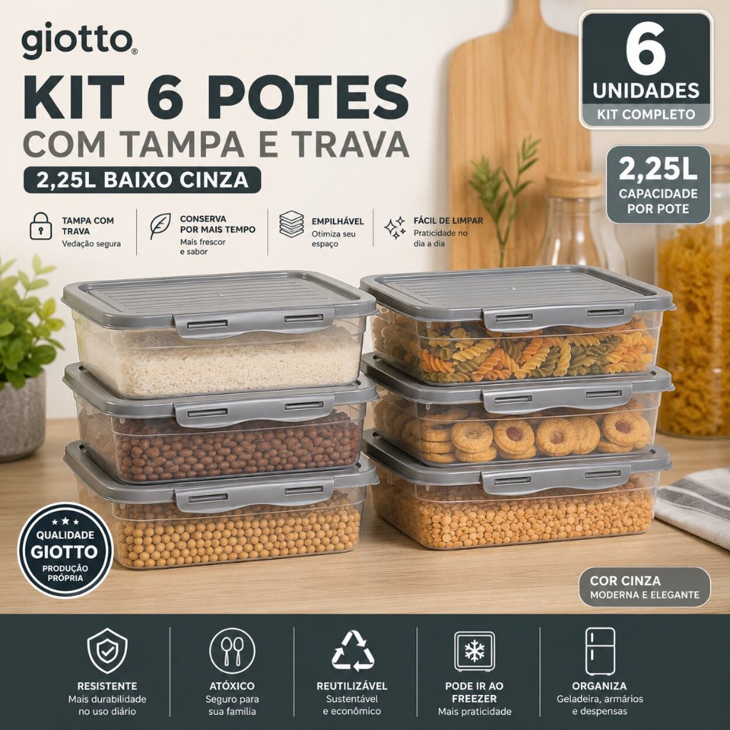 Kit 6 Potes Marmitas Fitness com Tampa Trava 2,25L Cinza Freezer Microondas Armazenamento Giotto
