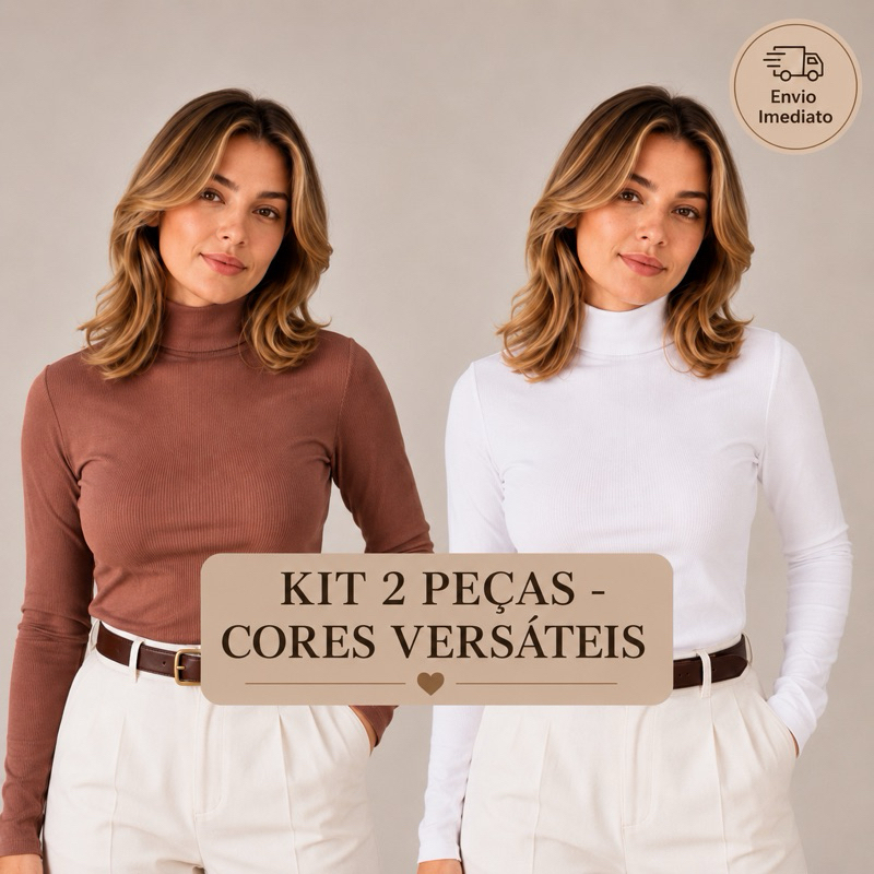 KIT 2 Blusas Cacharrel Feminina Malha Canelada Manga Longa Gola Alta Inverno Frio