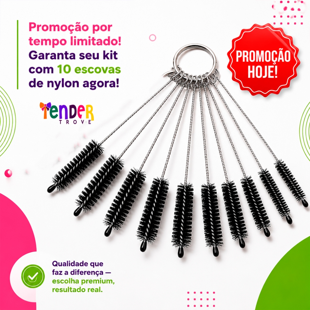 Kit 10 Escovas de Limpeza Nylon e Aço Inox para Canudos, Garrafas, Squeeze e Copos - Reutilizável Profissional