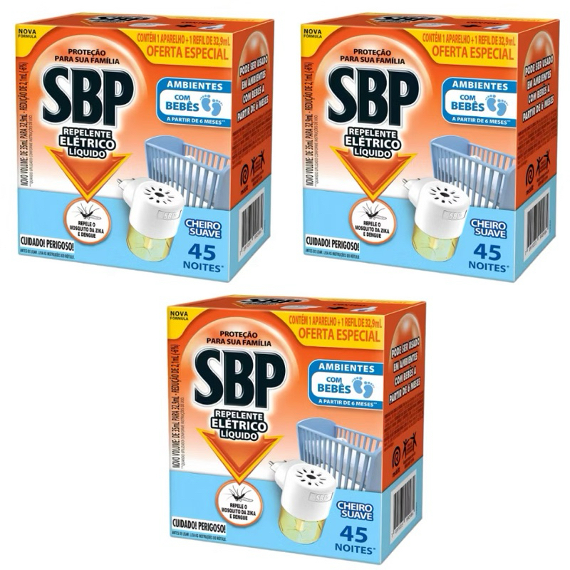 Kit 3 Un Repelente Elétrico Sbp 45 Noites Aparelho + Refil Cheiro Suave Bebê