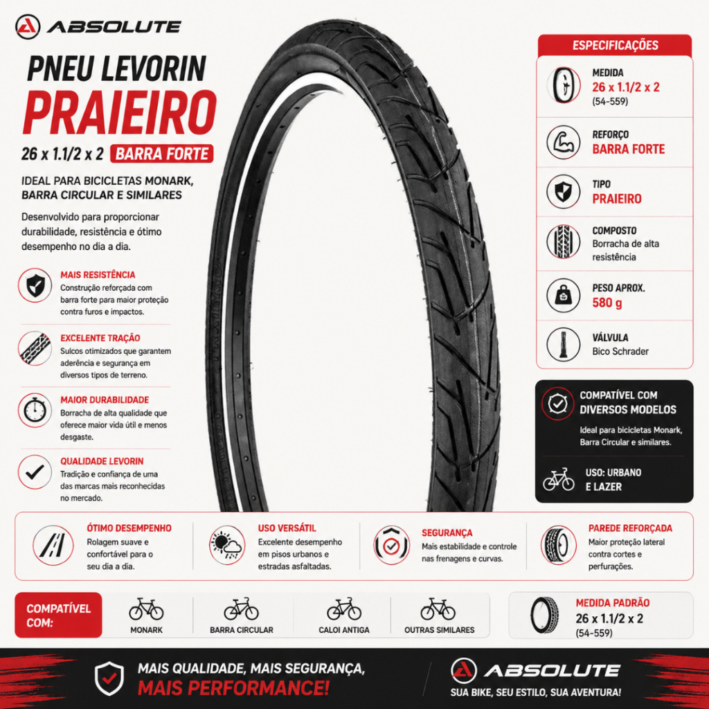 PNEU LEVORIN PRAIEIRO 26 X 1.1/2 X 2 BARRA FORTE – BICICLETAS MONARK, BARRA CIRCULAR E SIMILARES
