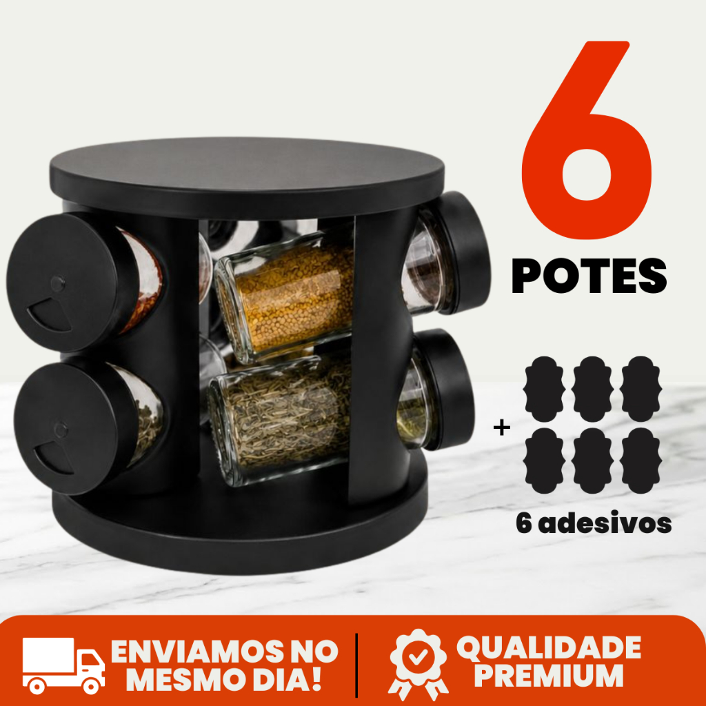 Porta Tempero Condimento Girátorio 6 Potes Cozinha Preto 360 Graus Organizador Dosador Profissional