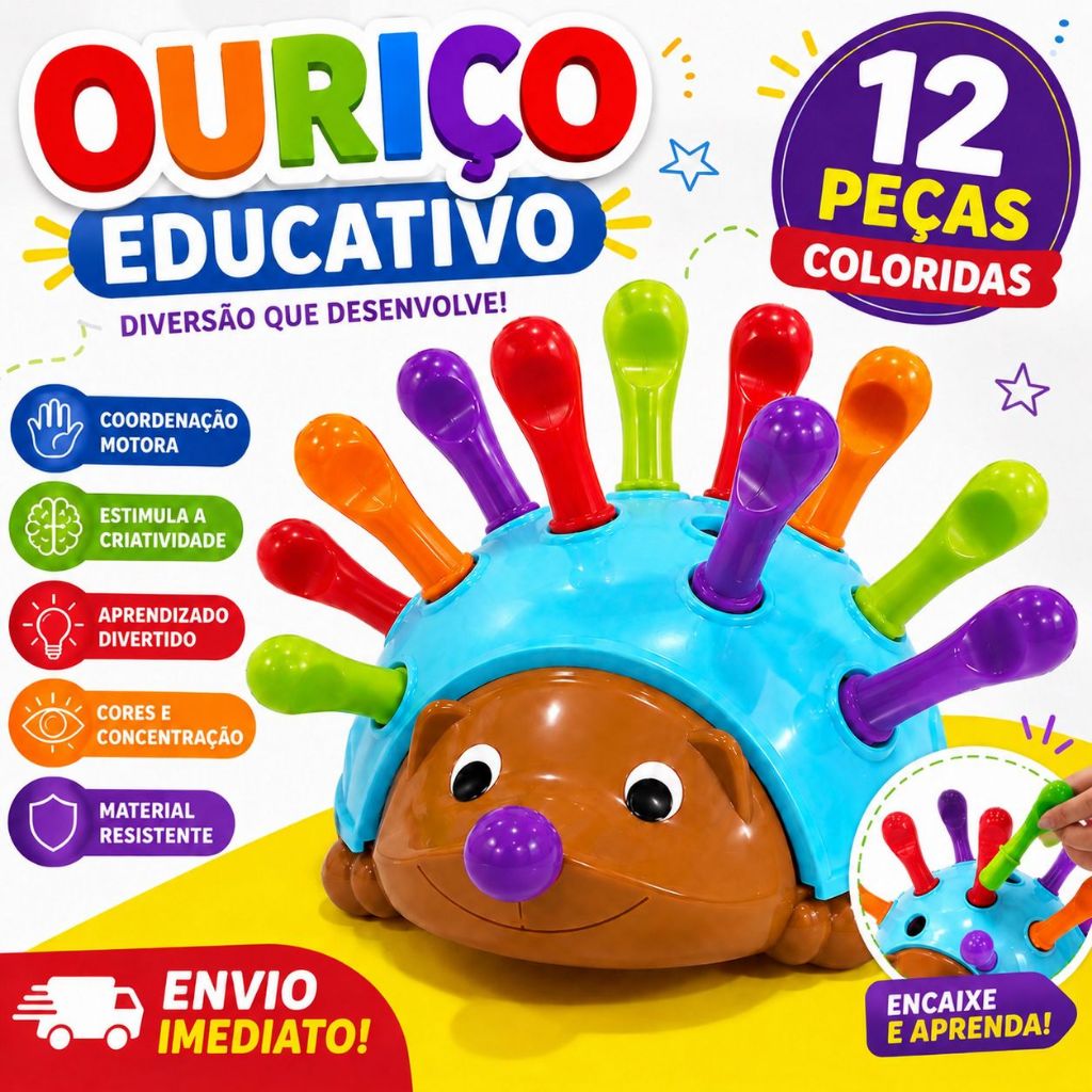 Ouriço Colorido Brinquedo Educativo Aprendizagem Sensorial Coordenação Motora Bebê Infantil Criança