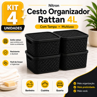 Kit Cesto Organizador 4L Com Tampa Caixa Organizadora Multiuso Decorativa Banheiro Cozinha Quarto