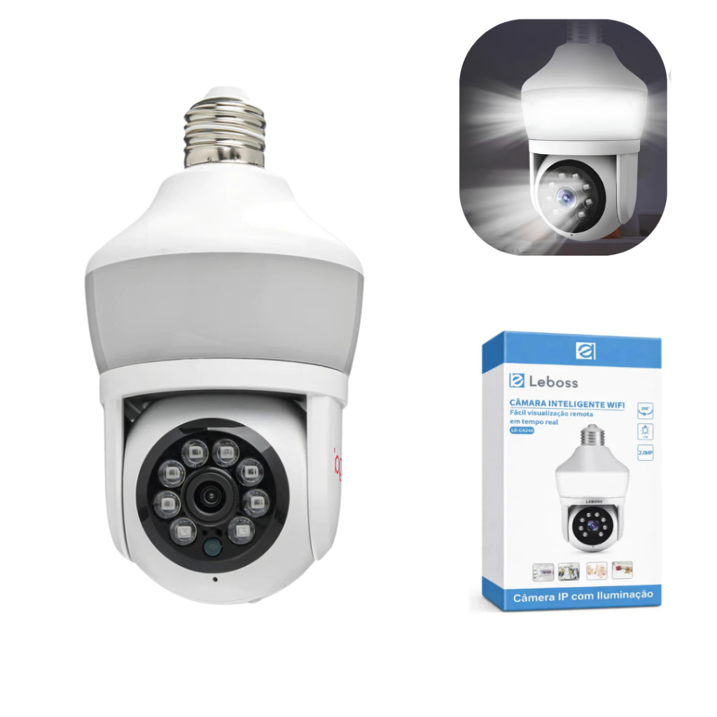 Câmera Lâmpada WiFi Inteligente 2MP 350° PTZ Visão Noturna Colorida App Yoosee para Garagem e Loja