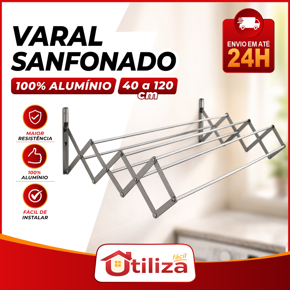 Varal de Roupa Retrátil Parede Sanfonado 100% Alumínio Vários Tamanhos de 40 a 120cm