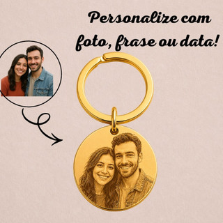 Chaveiro Banhado Ouro18K Personalizado a Laser com Foto, Frase, Mensagem, Nome, Data, Simbolo|Presente Dia dos Namorados