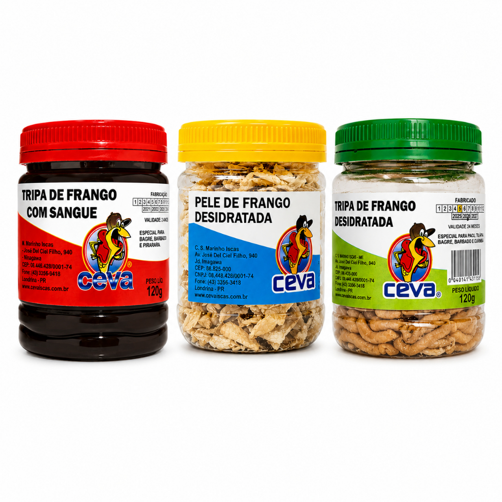 Kit 3 Iscas Pesca Curimba Tripa Com Sangue 120 g + Tripa Desidratada 120 g + Pele De Frango 120g