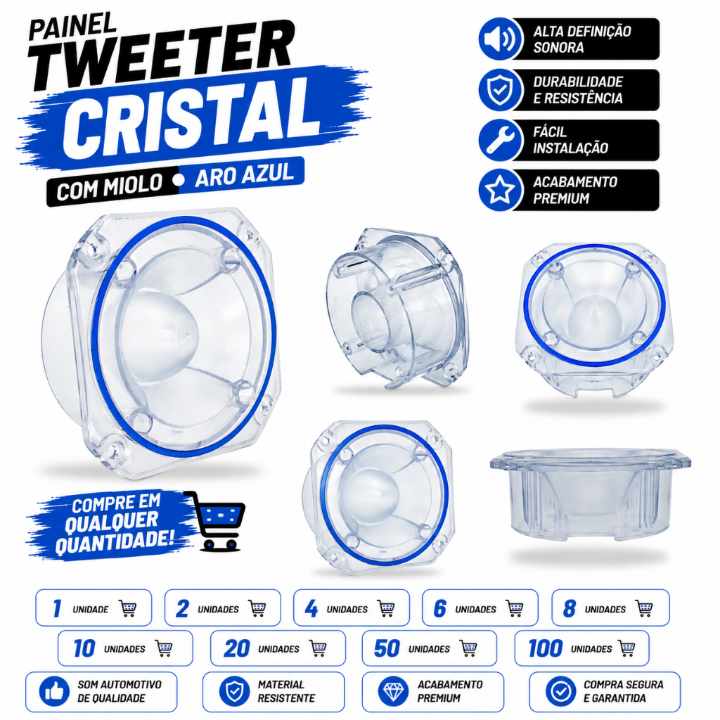 Painel Tweeter Zetta Tiger Cristal Som Automotivo Com Miolo Aro Azul