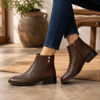 Bota Feminina Coturno Cano Curto Salto Baixo Em Couro Zíper Lateral Sola Borracha Bloco Grosso