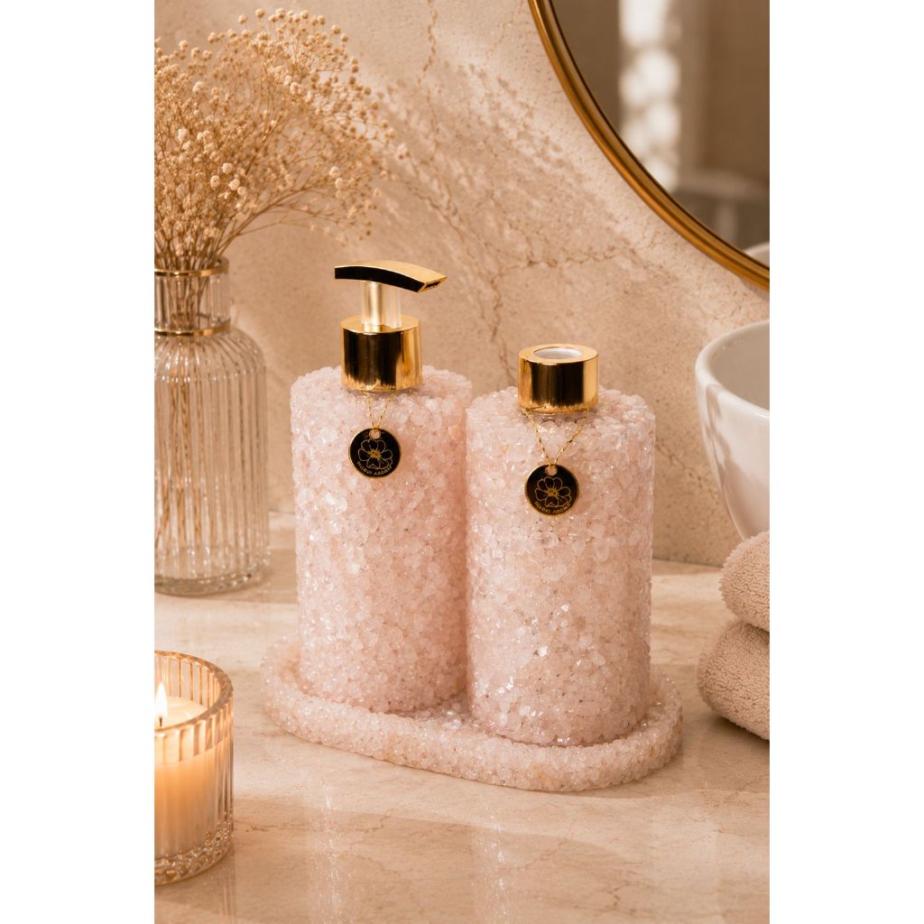 KIT DIFUSOR + SABONETEIRA + BANDEJA EM QUARTZO ROSA – ELEGÂNCIA E DELICADEZA  PARA SEU AMBIENTE