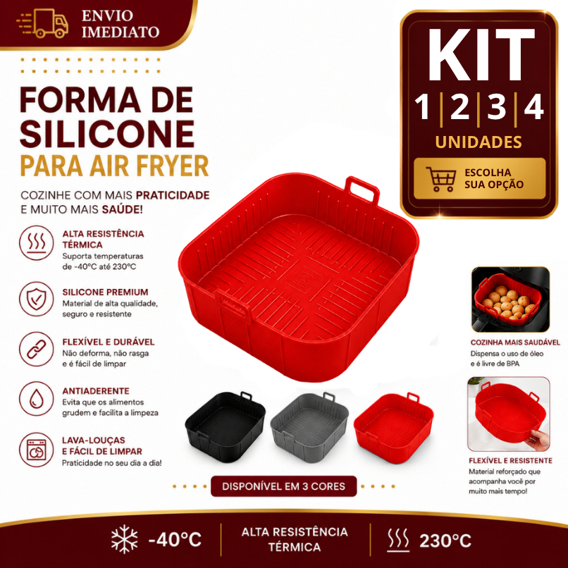 Forma de Silicone 20x20cm Quadrada 1/2/3/4 para Air Fryer Reutilizável Antiaderente Resistente Premium Até 230°C Premium