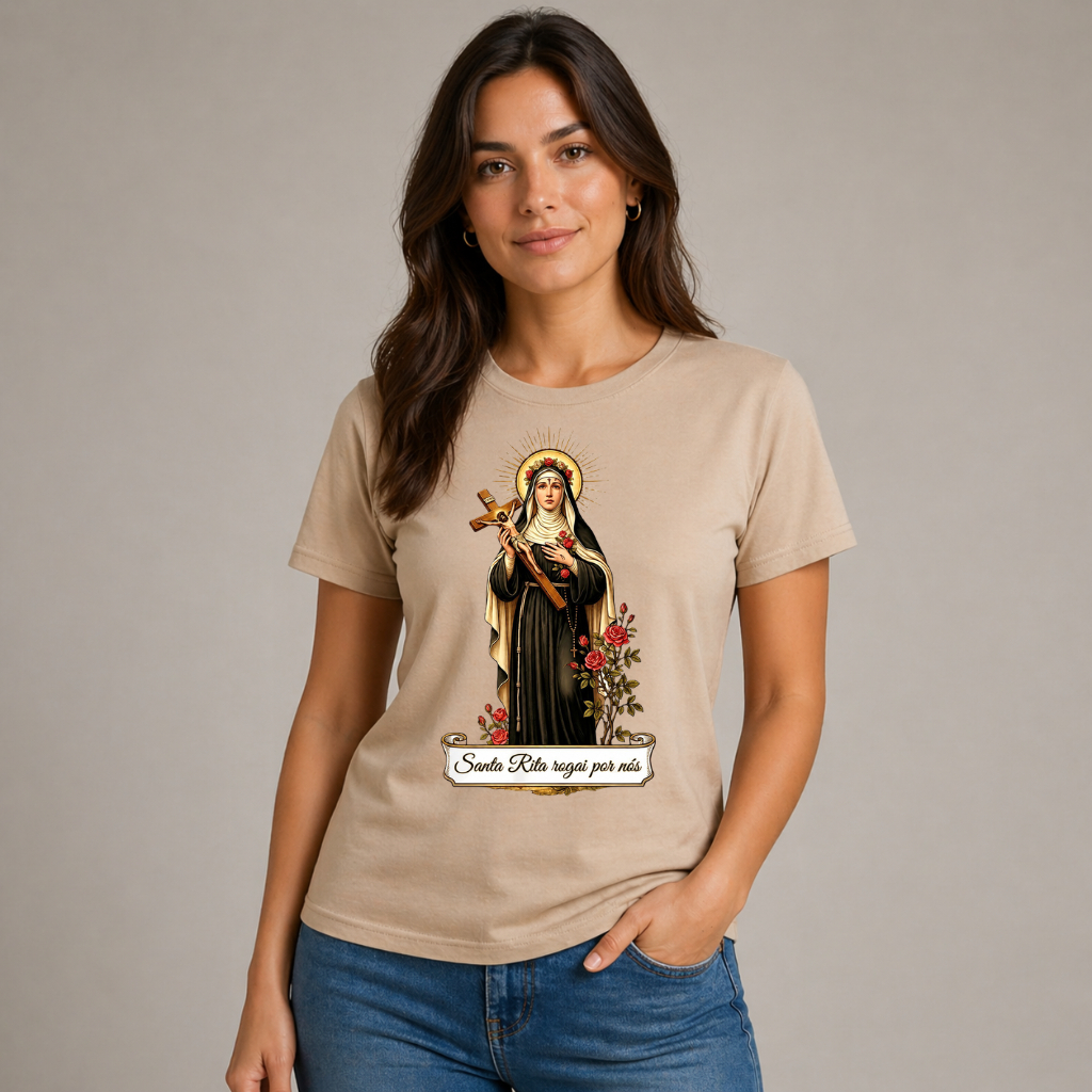 Camiseta Santa Rita de Cássia Católica Unissex Masculino Feminino Algodão 30.1 Confortavel Dia a Dia