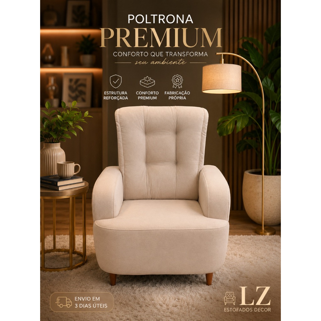 Poltrona Decorativa Premium Sala Quarto Recepção Tecido Suede Bege Poltrona de Luxo Confortável para Sala de Estar Moder