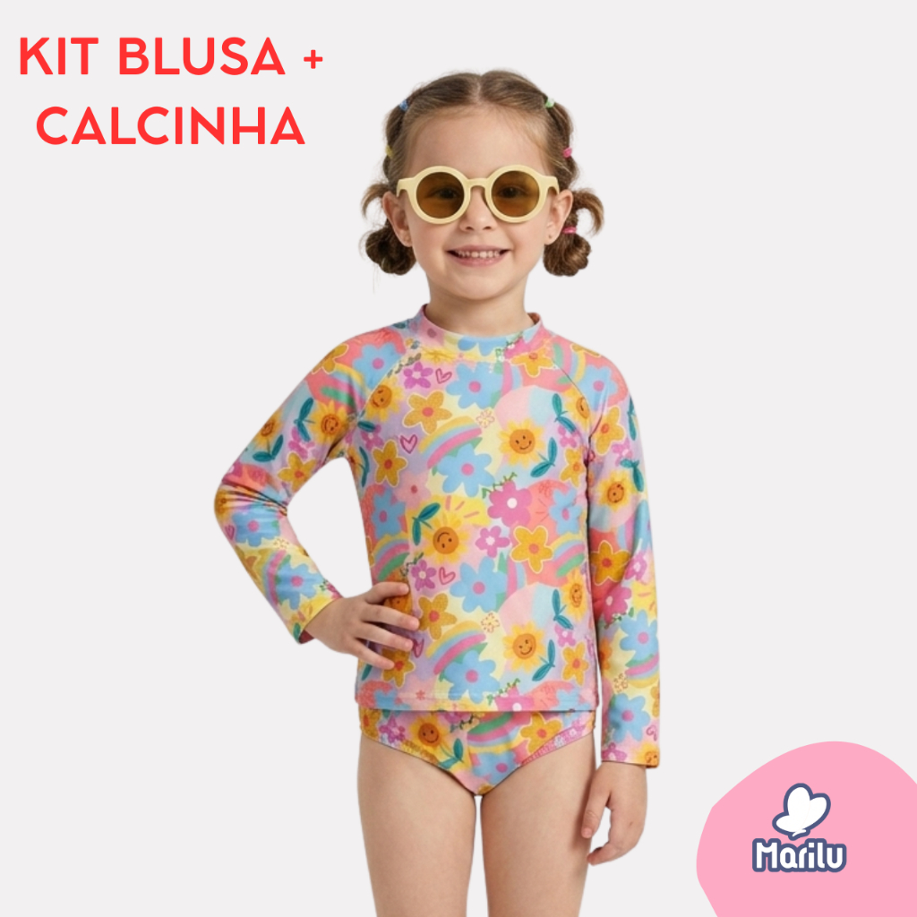 Conjunto de banho praia infantil feminino menina proteção uv camisa e calcinha piscina natação solar estampado