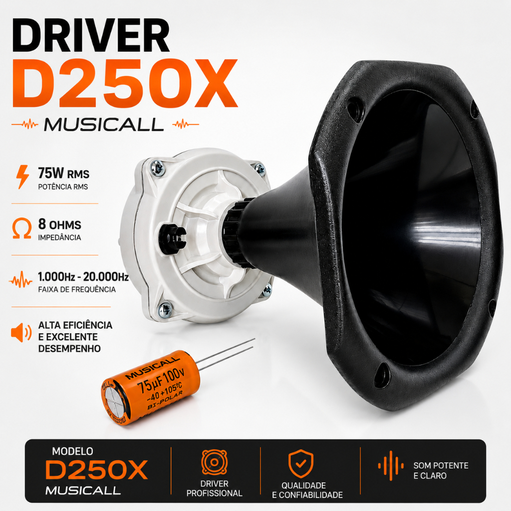 Driver D250x Musicall 200w + Corneta Curta + Capacitor Para Som Automotivo Profissional Residencial Para Caixa Trio