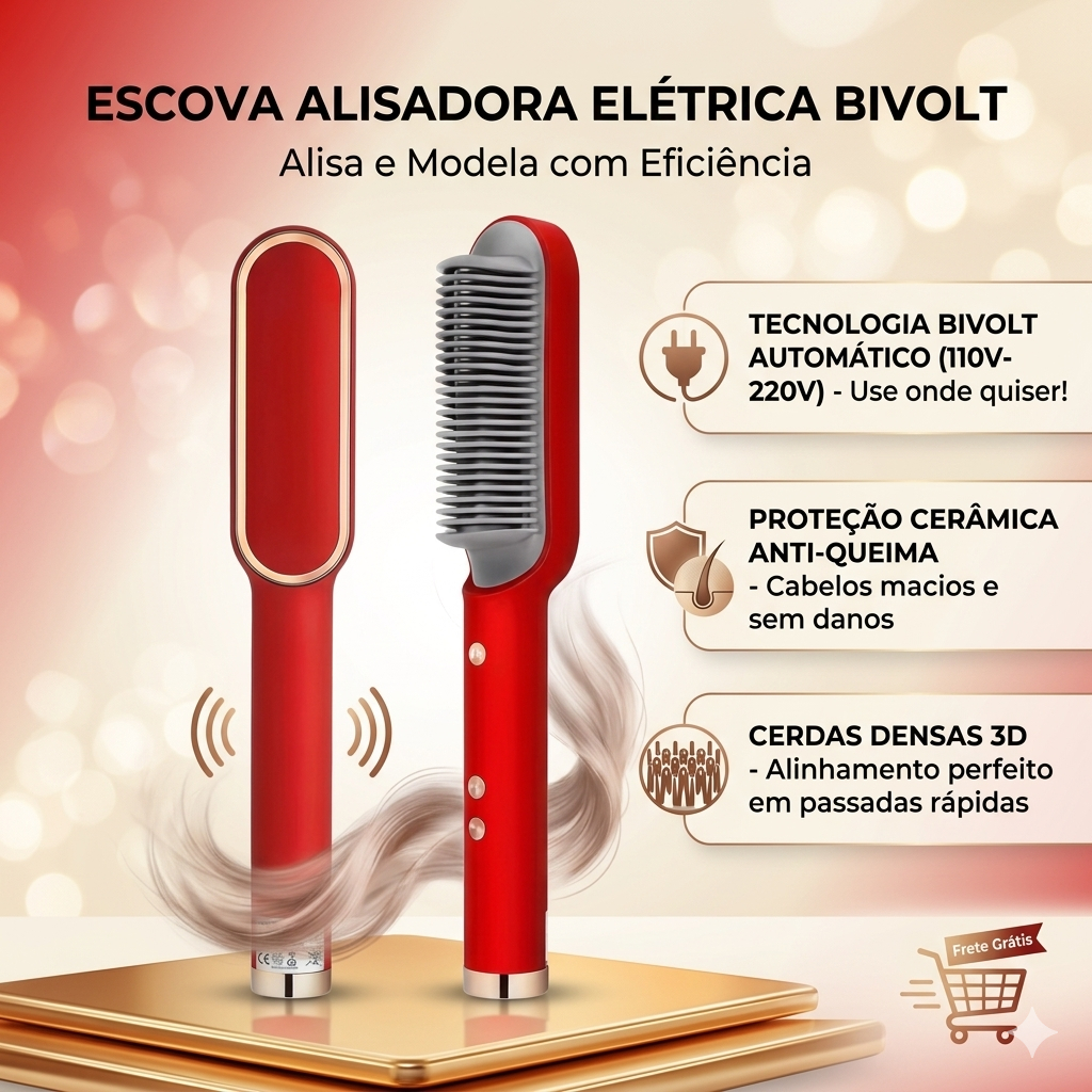 Escova Alisadora de Cabelo Elétrica Bivolt | Prancha Escova Modeladora Profissional Anti Frizz