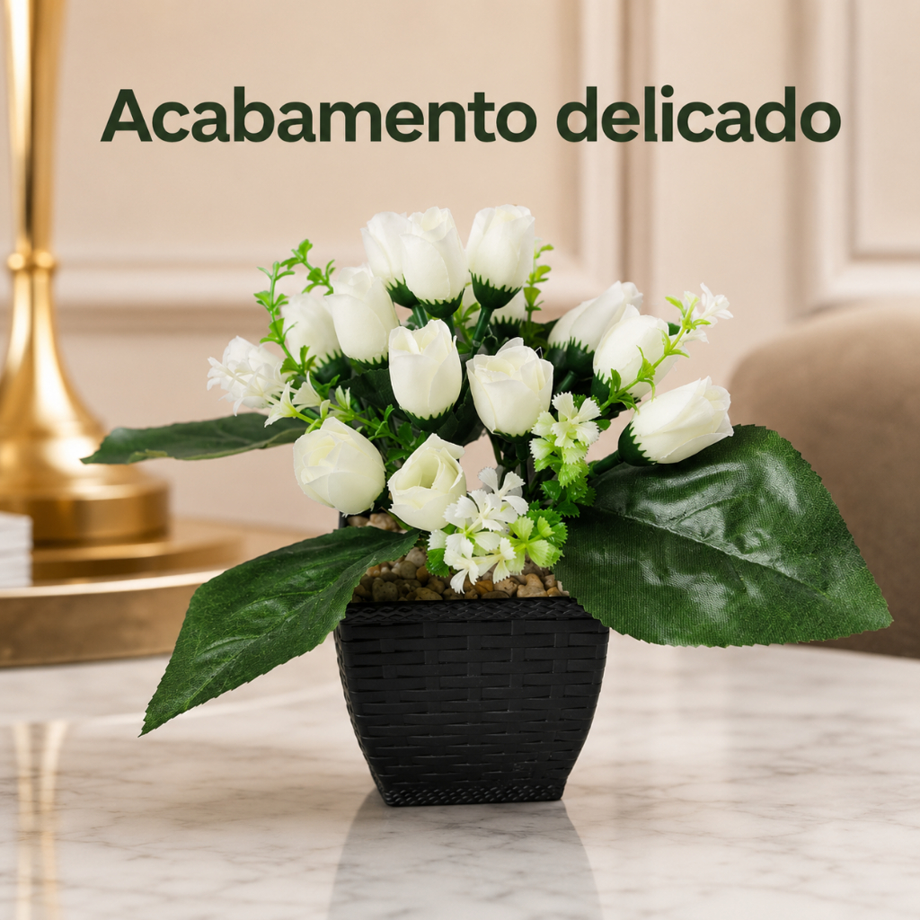 Rosas Artificiais Brancas 18cm Com Vaso Decorativo Para Sala Quarto Escritório Mesa E Presente Casa