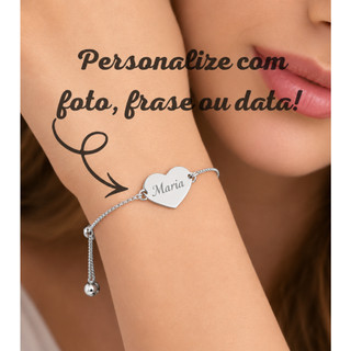 Pulseira Feminina  Coração BanhadoPrata Ajustável  Personalizada a Laser com Nome, Frase, Foto, Simbolo ou Data/Presente
