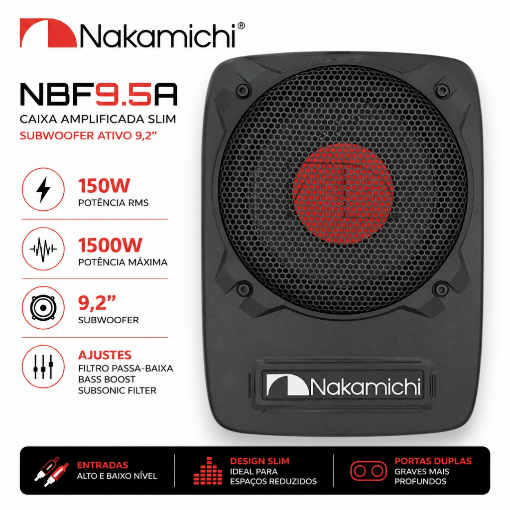 Subwoofer Caixa Ativa Nakamichi NBF9.5A 9'' Pol 1500W 4 Ohms