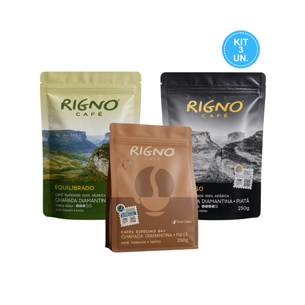 Kit Especial Café Rigno, 100% Arábica, 3 Variedades: Especial, Equilibrado e Intenso, Torrado e Moído, 3x250g