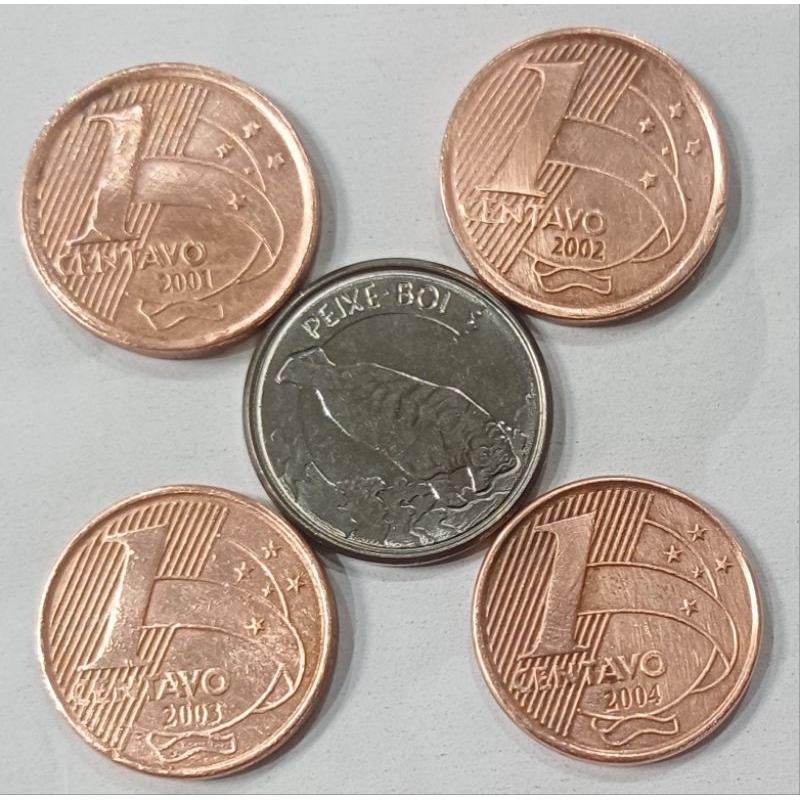 4 moedas de 1 centavo da 2a família do real de 2001, 2002, 2003 e 2004 mbc brinde uma do peixe boi