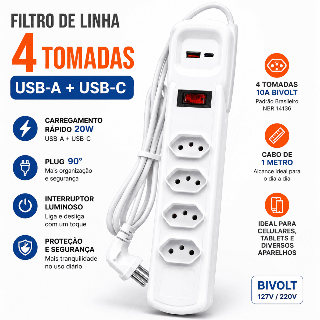 Régua Filtro de Linha régua 4 Tomadas Bivolt Usb A+C 20W 90 Graus 10 amperes protetor contra surtos