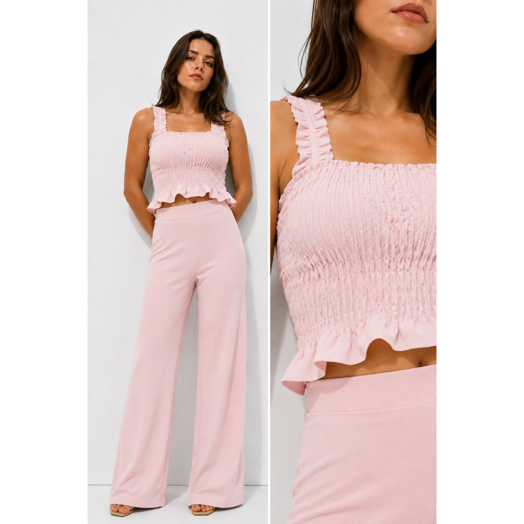 conjunto calça pantalonga wide leg e cropped