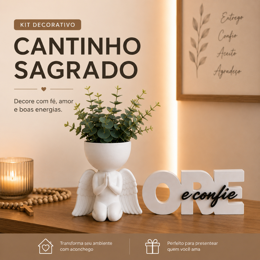Kit ORE e Confie + Vaso Anjo Com Plantinha Decorativo | Presente, sala, Quarto Decoração de Fé