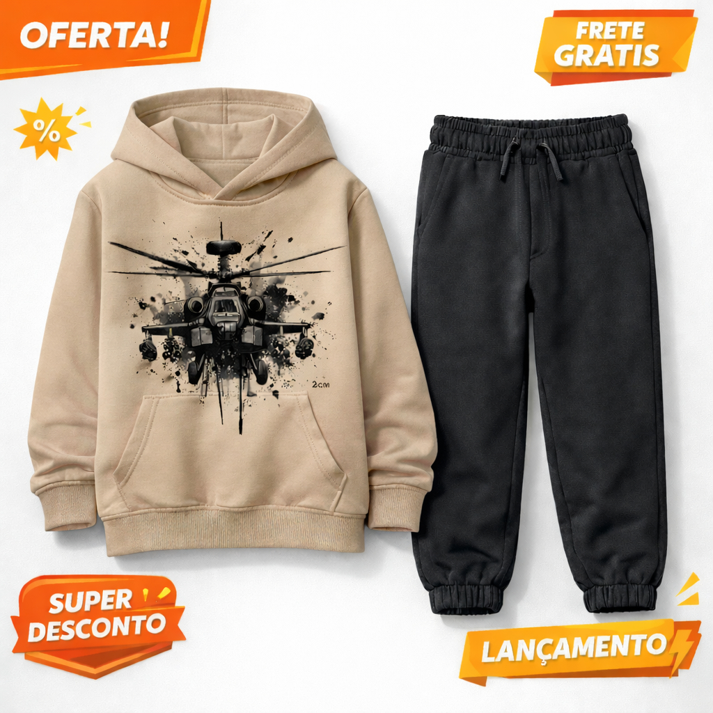 CONJUNTO MOLETOM INFANTIL CANGURU COM CAPUZ  HELICOPTERO DE GUERRA