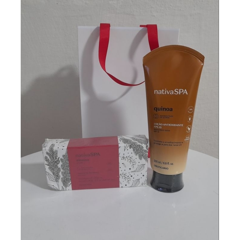 Kit O Boticário loção Antioxidante Quinoa 200ml + Caixa com 2 Sabonetes Barra Ameixa 90g linha Feminina