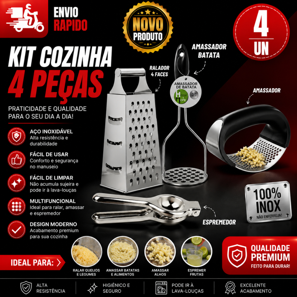 Conj 4 Peças Amassador Batata +Amassador de Alho + Ralador 4 faces+ Espremedor Limão Super Util