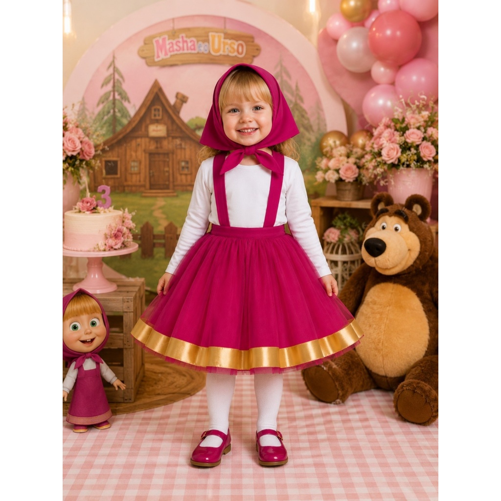 Fantasia Masha e o Urso Festa  AniversarioTematica Infantil Luxo Menina Saia Tutu Rosa com Lenço  Carnaval
