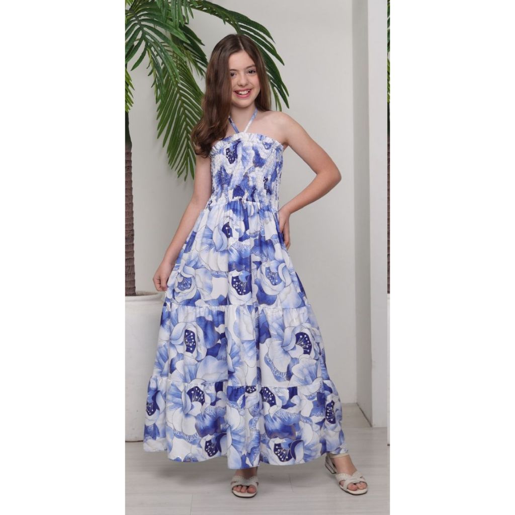 Vestido Longo Três Marias Geométrico alças de amarração Tomara que Caia