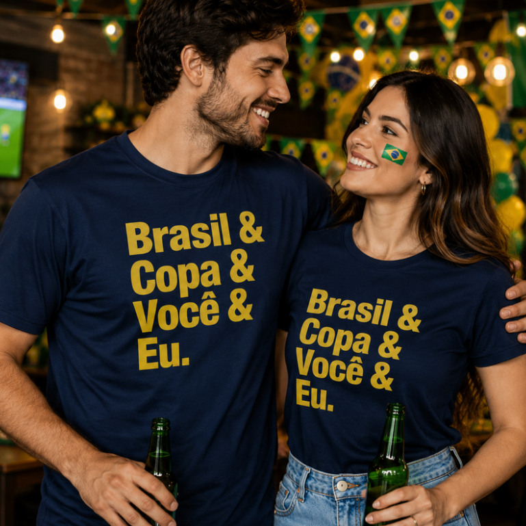 Kit Casal 2 Camisetas Brasil Copa do Mundo Seleção Brasileira Futebol Torcida Algodão Premium