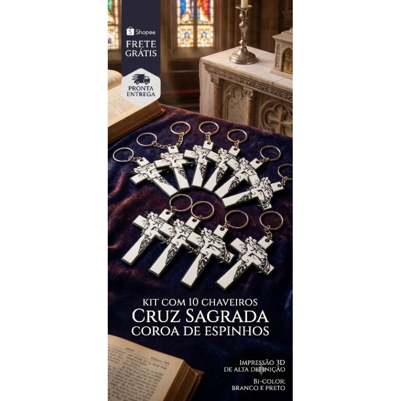 Kit 10 Chaveiros Cruz Sagrada Coroa De Espinhos Lembrança Religiosa Atacado