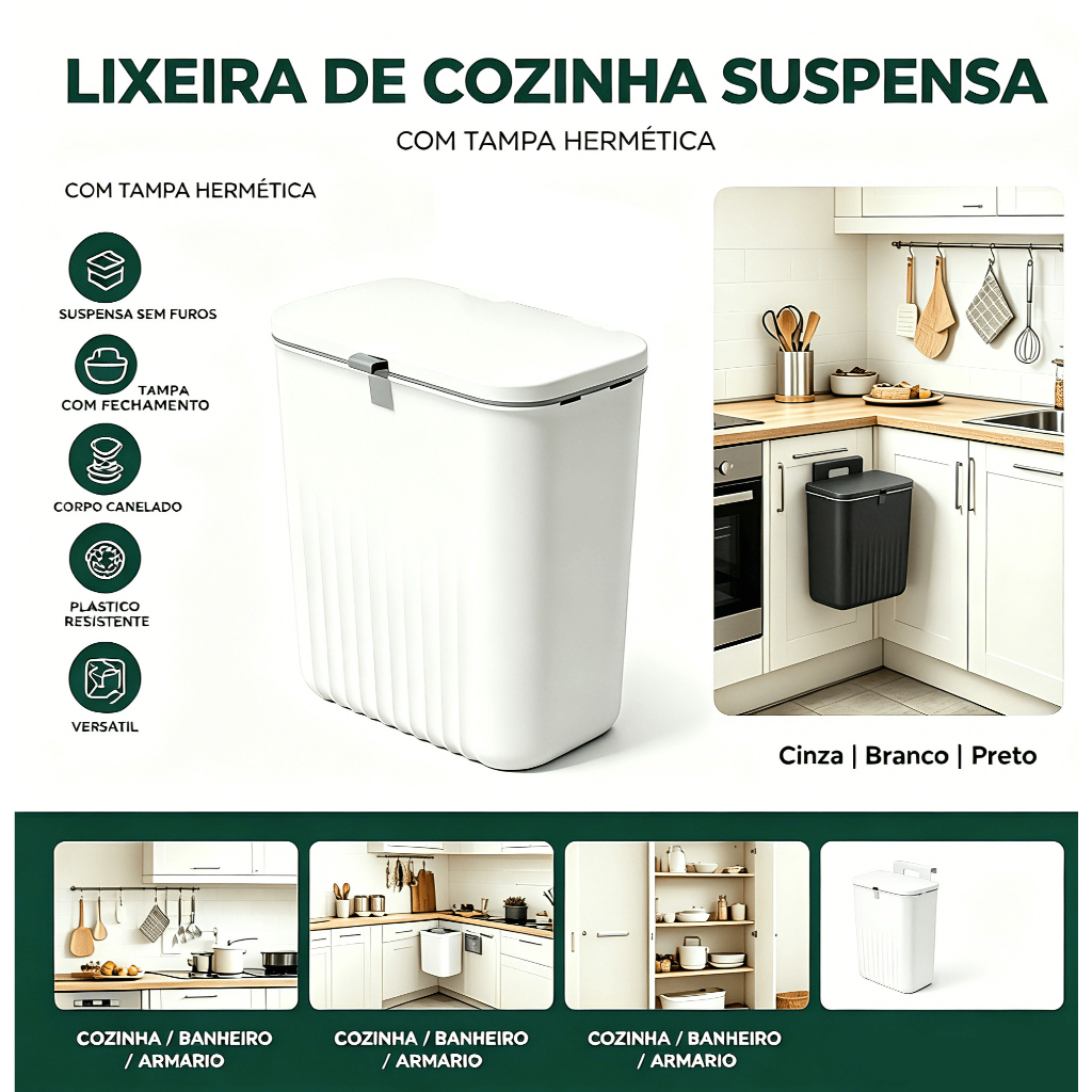 Lixeira Suspensa 9L Multiuso para Cozinha e Banheiro - Tampa Retrátil, Sem Furo para Montagem na Porta Armário
