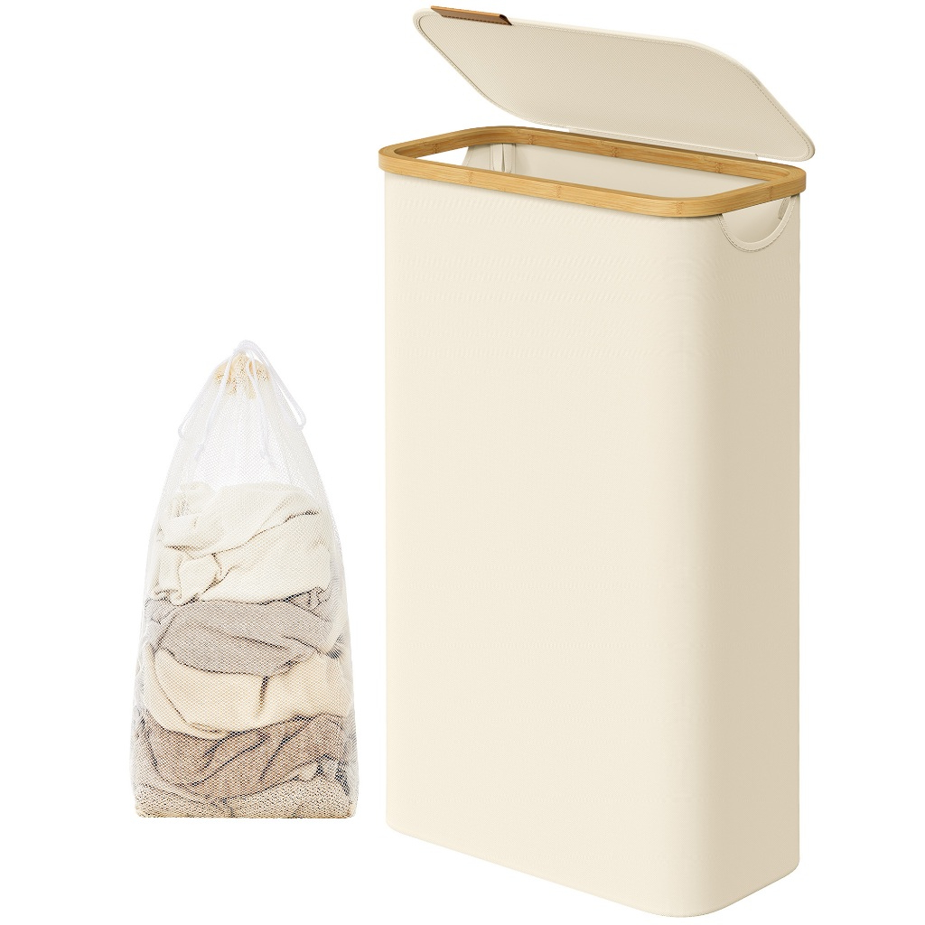 Imagem SONGMICS Cesto de roupa suja dobrável, organizador de lavanderia com tampa, alça de bambu, tecido Oxford, banheiro, 65L