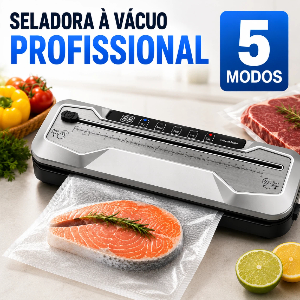 Máquina Seladora a Vácuo para Uso Seco e Úmido, 5 Modos, Inclui Cortador, Sucção Externa e Kit Completo