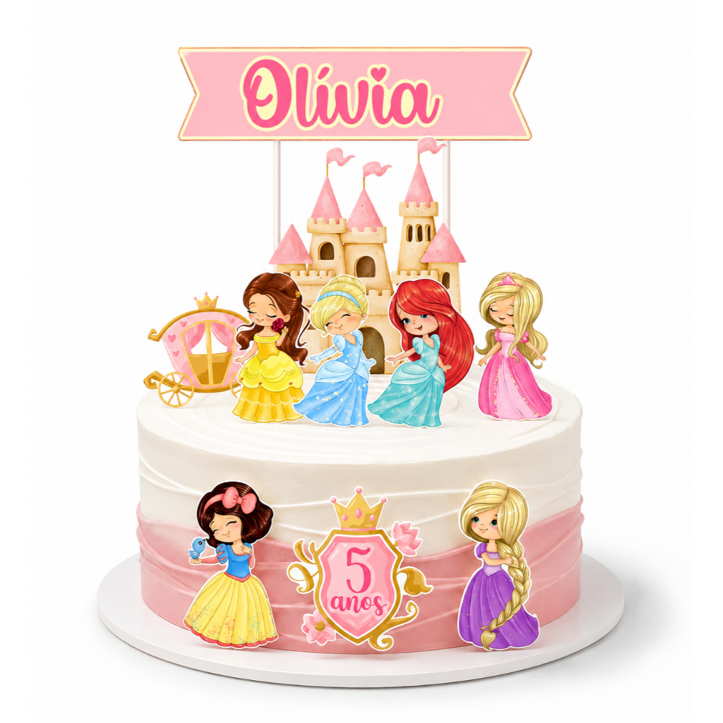 Topo de Bolo Princesas Baby Personalizado Nome e Idade Topper Menina Mesversário Aniversário Cute rosa