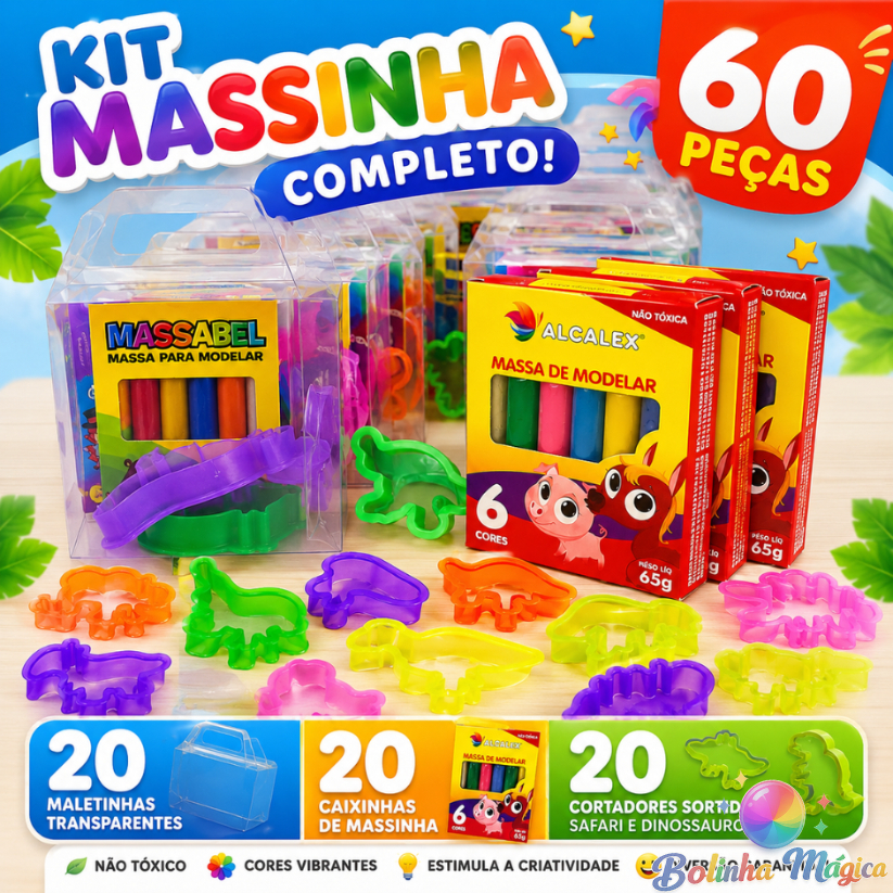 KIT 20 Maletinha Transparente + 20 Cortadores+ 20 CX Massinha Modelar Lembracinh