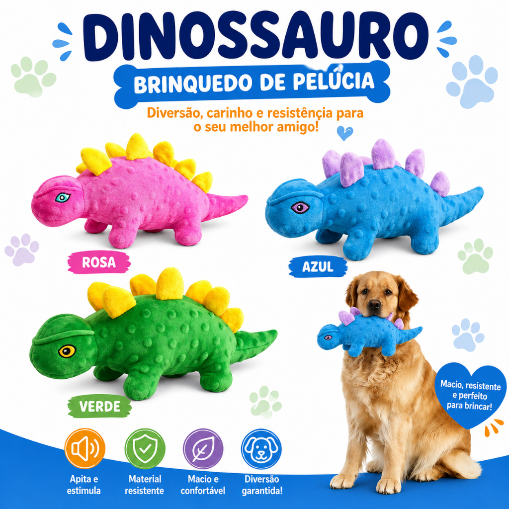 Brinquedo Mordedor Antiestresse Dinossauro de Pelúcia para Cães com Apito Resistente 34cm