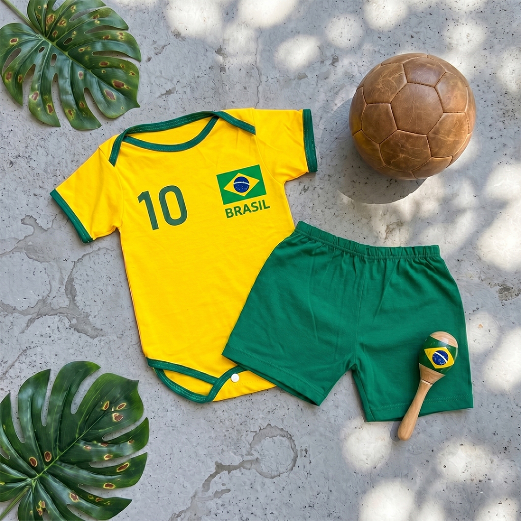 Conjunto Body Bebê Menino Temático Brasil Roupa Copa Short